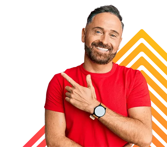 Man with red shirt holding up arm with a watch